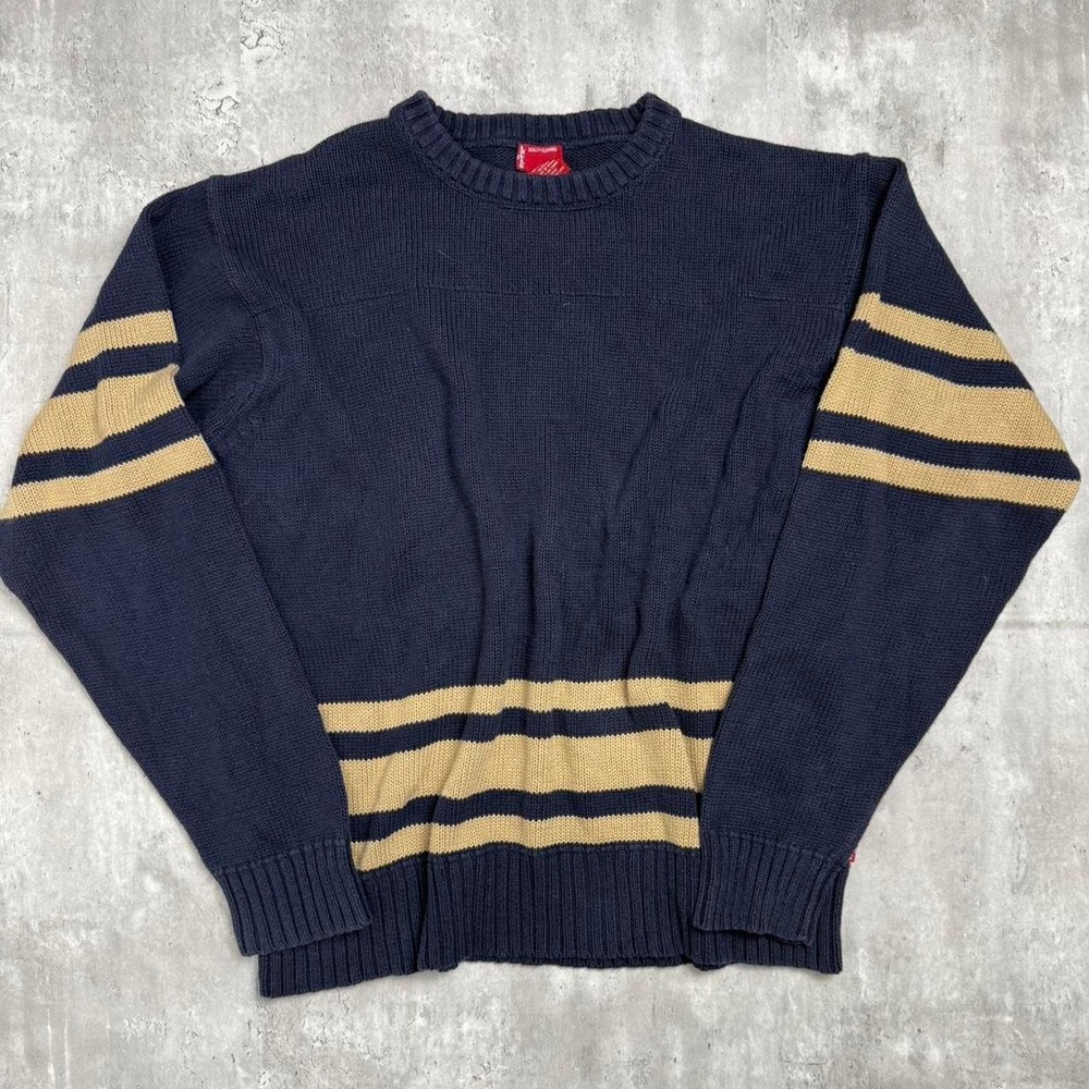 Levis Vintage Mens Navy Blue Cream Striped Cotton Knit Crewneck Sweater Large